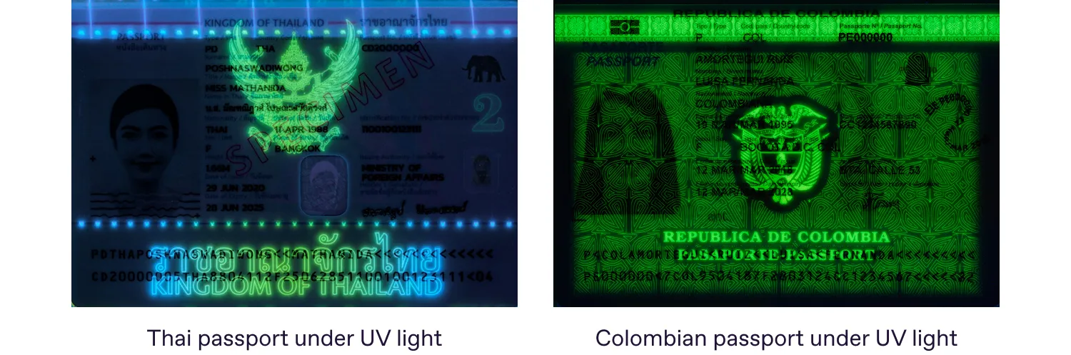 UV pattern on Thai and Colombian passports
